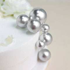 12 Pcs Cake Topper Picks Faux Pearl Ball Design Silver - Foam Balloon DIY Cupcake Decor Supplies Assorted Sizes