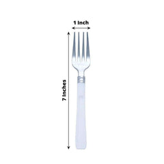 25-Pack Plastic Forks Light Silver Heavy Duty with White Handles - Reliable Disposable Tableware 7"