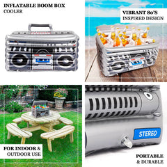 Silver Inflatable Ice Beverage Cooler with 80's Boom Box Design - Party Drink Container for Pool Events 24"x12"