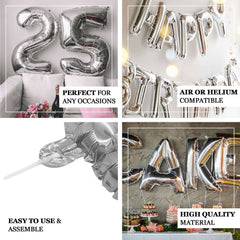 35" Silver Letter and Number Balloons, Metallic Mylar Foil Helium Air Balloons
