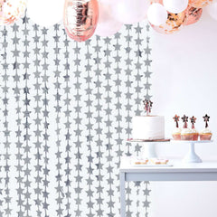 Silver Star Chain Foil Fringe Curtain Party Backdrop, Metallic Silver Tinsel Streamer Party Decor - Door Window Foil Curtain - 3ftx6.5ft