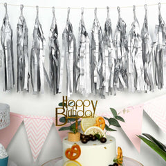 12 Pack Pre-Tied Silver Paper Fringe Tassels With Garland String, Hanging Streamer Banner