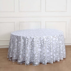 Tulle 120" Round Tablecloth Silver - Seamless Sequin Leaf Embroidered Table Cover