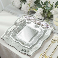 25-Pack Paper 7" Square Dessert Plates in Silver with Vintage Pottery Embossed Design - Shiny Metallic Disposable Appetizer Plates