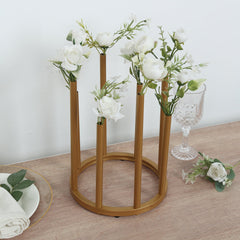 Flower Vase Gold Metal Minimalist 8-Tubes Round Base Design - Single Stem Bud Centerpiece for Arrangements 10"
