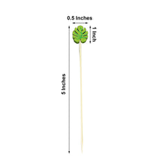 100-Pack Bamboo Cocktail Sticks Tropical Leaf Decorative Top Design - Eco Friendly Party Picks 5"