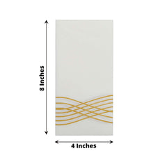 25 Pack Linen-Like Paper 8"x4" Napkins White with Metallic Gold Foil Wave Design - Soft & Absotbent Airlaid Hand Towels for Exquisite Weddings & Events