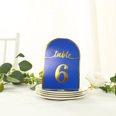 25-Pack Paper Wedding Table Numbers 1-25 Royal Blue Arch Cutout Design - Sleek & Modern Free Standing Double Sided Table Tent Cards with Metallic Gold Foil Numbers 7"