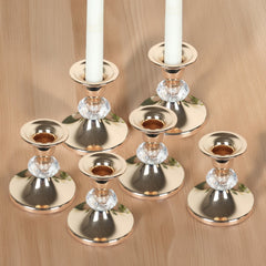 6 Pack 3.5" Gold Metal Taper Candle Holders with Crystal Ball Center, Vintage Candlestick Stands