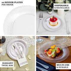 10-Pack Plastic 9" Round Dinner Plates White with Silver Swirl Rim - Disposable Party Plates