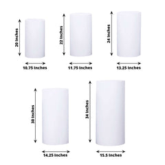 Set of 5 White Metal Cylinder Pillar Prop Stands For Wedding Aisle, Round Plinth Pedestal Display Boxes - 20", 22", 24", 30", 34"
