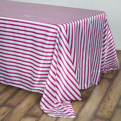 Satin 90"x132" Rectangle Tablecloth White/Fuchsia - Stripe Design with Smooth Finish Table Cover