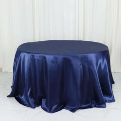Satin 132" Round Tablecloth Navy Blue - Stylish Seamless Table Cover