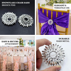 2 Pack Snowflake Chair Sash Band Buckles Silver Metal with Rhinestones - Decorative Round Diamond Brooch Pins for Weddings & Parties