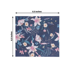 50-Pack Paper Beverage Napkins with Water Lily Floral Design Navy Blue - 2 Ply Soft 18GSM Wedding Napkins 6.5"x6.5"