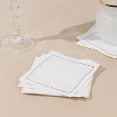 50-Pack Cotton Cocktail Napkins with Black Hemstitched Border White - Disposable 4.5"x4.5" Napkins for Events