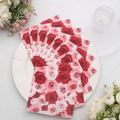 50-Pack Paper Beverage Napkins with Floral Design Red/Pink - 2 Ply Soft 18GSM Rose Garden Wedding Napkins 6.5"x6.5"