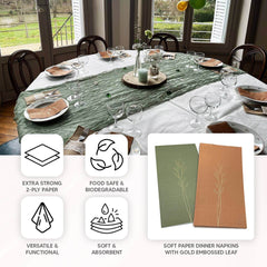 50-Pack Paper Dinner Napkins Olive Green with Gold Embossed Leaf - Stylish 2-Ply Disposable Napkins for Weddings 18GSM
