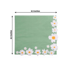 50-Pack Paper Beverage Napkins with Daisy Flower Design Sage Green - 2 Ply Soft 18GSM Floral Wedding Napkins 6.5"x6.5"