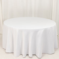 Lamour Satin 120" Round Tablecloth White - Seamless Table Cover with Soft Tempered Sheen for Upscale Gatherings