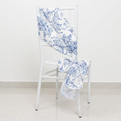 Polyester Chair Sashes White/Blue French Toile Floral Design - Wrinkle-Resistant & Durable Chair Bows for Exquisite Weddings & Banquets 6"x108"