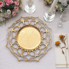 6-Pack Acrylic Round Charger Plates 13" in Gold with Floral Cutout Design, Hollow Flower Plastic Decorative Dinner Party Charger Tableware