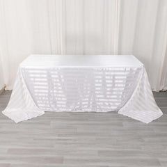 Satin Striped 90"x132" Rectangular Tablecloth White Satin Stripe - Seamless Silky Smooth Wedding Decor