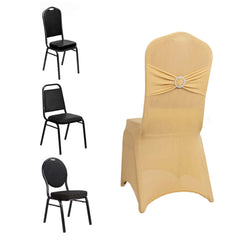 Spandex Chair Cover with Champagne Rhinestone Buckled Sash Band Blush - Stretch Fitted Slipcover