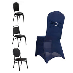 Spandex Chair Cover with Navy Blue Rhinestone Buckled Sash Band Blush - Stretch Fitted Slipcover