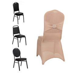 Spandex Chair Cover with Nude Rhinestone Buckled Sash Band Blush - Stretch Fitted Slipcover