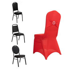 Spandex Chair Cover with Red Rhinestone Buckled Sash Band Blush - Stretch Fitted Slipcover