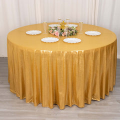 Sequin Dots Polyester Round 120" Tablecloth Gold - Wrinkle Free & Sparkling Table Cover for Stylish Event Decor