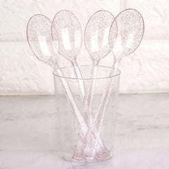 25-Pack Plastic Spoons Transparent Blush Glitter Classic Heavy Duty - Decorative Disposable Tableware 7"