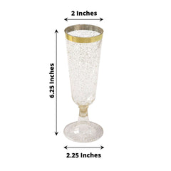 12-Pack Plastic Champagne Flutes Clear Gold Glittered with Gold Rim - Stylish Disposable Cocktail Glasses for Parties 5oz 6"