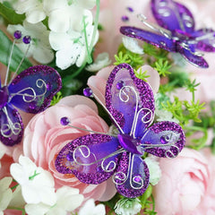 12 Pack 2" Purple Diamond Studded Wired Organza Butterflies