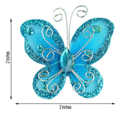 12 Pack 2" Turquoise Diamond Studded Wired Organza Butterflies