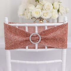 5 Pack Chair Sashes Shimmer Tinsel Spandex 5"x12" with Silver Rhinestone Buckles Rose Gold