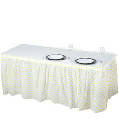 14ft 10 Mil White Yellow Polka Dots Pleated Plastic Table Skirts, Disposable Table Skirt Spill Proof