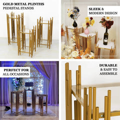 Set of 3 Wedding Pedestal Stands Square Acrylic Plate Design Gold - Metal Flower Display Plinths 26",30",34"