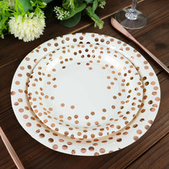 25-Pack Paper Round Dinner Plates 9" White with Metallic Rose Gold Polka Dots - Disposable 300GSM Party Plates for Banquets & Celebrations