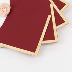 50-Pack Paper Beverage Napkins Burgundy with Gold Foil Edge - 2 Ply Disposable Soft 18GSM Cocktail Napkins 5"x5"
