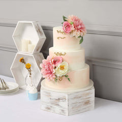 Set of 3 Wooden Dessert Display Boxes Whitewashed Hexagonal Design - Stackable Riser Cake Stand 9", 11", 13"