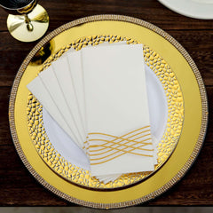 25 Pack Linen-Like Paper 8"x4" Napkins White with Metallic Gold Foil Wave Design - Soft & Absotbent Airlaid Hand Towels for Exquisite Weddings & Events