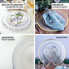 6-Pack Acrylic Plastic Round Charger Plates 13" in Clear with Gold Sunray Wavy Rim, Exquisite Dinner Serving Plates