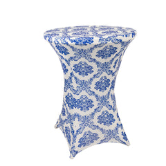 Spandex 24"-32" Round Cocktail Table Cover Royal Blue Damask Highboy Tables - Easy to Maintain Stretch Fitted Tablecloth