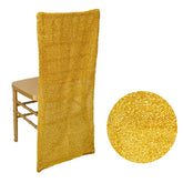 Stretch Spandex Chair Back Slipcover with Metallic Shimmer Tinsel Gold - Durable Chiavari Chair Back Cover for Glamorous Event Settings