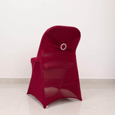 Stretch Spandex Chair Cover Burgundy for Folding Chairs - Secure Fit Slipcover with Silver Rhinestone Buckled Sash Band