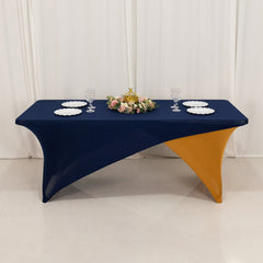 Stretch Spandex 72"x30" Rectangle Table Cover Navy Blue/Gold Cross Over Design - Two-Piece Fitted Tablecloth with Elastic Foot Pockets
