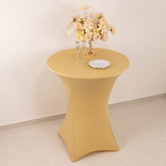 Spandex 33"-36" Round Cocktail Table Cover Champagne - Easy to Maintain Stretch Fitted Highboy Tablecloth