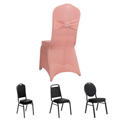 Spandex Chair Cover with Dusty Rose Rhinestone Buckled Sash Band Blush - Stretch Fitted Slipcover